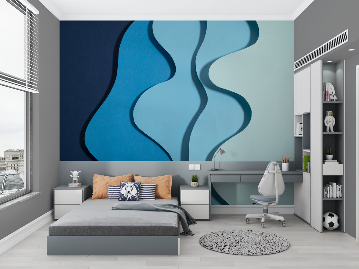 Blue wave wallpaper pattern making a statement in a modern home office