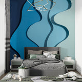 Modern wave mural bringing flow to an urban dining room space