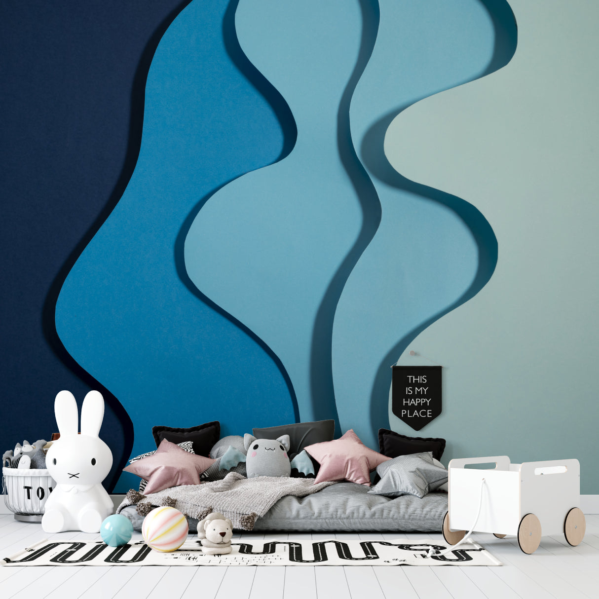 Abstract wave pattern transforming a minimalist entrance hall