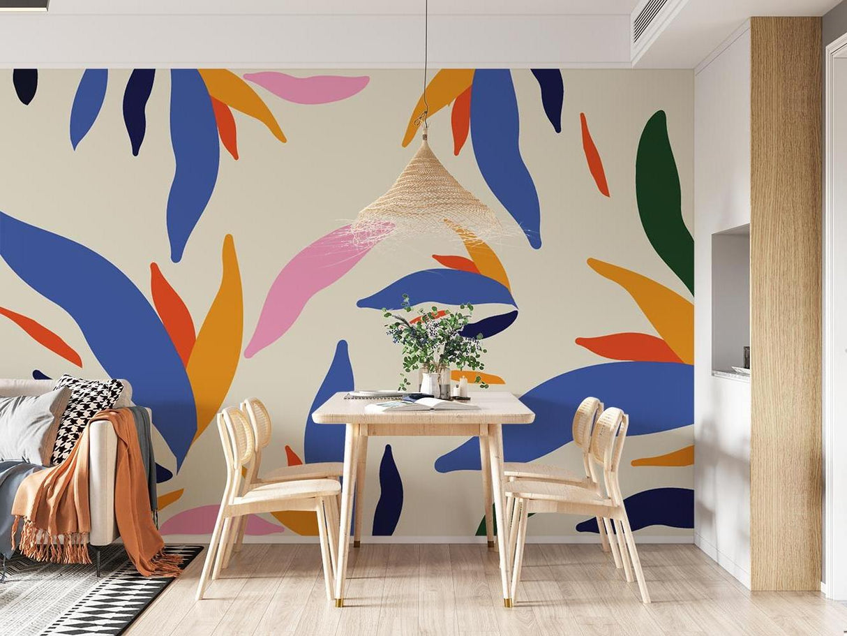 Abstract leaf pattern wallpaper creating a stunning backdrop in a contemporary dining space
