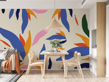 Abstract leaf pattern wallpaper creating a stunning backdrop in a contemporary dining space