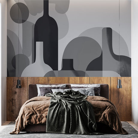 Modern abstract bottle wallpaper bringing sophisticated style to a minimalist dining room with grey and white tones