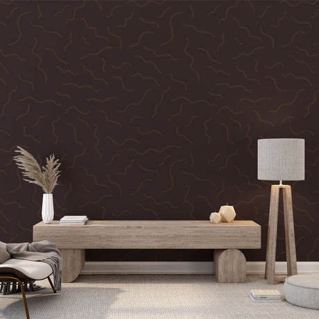 Modern brown wave pattern wallpaper displayed in a minimalist living room, creating a sophisticated focal wall