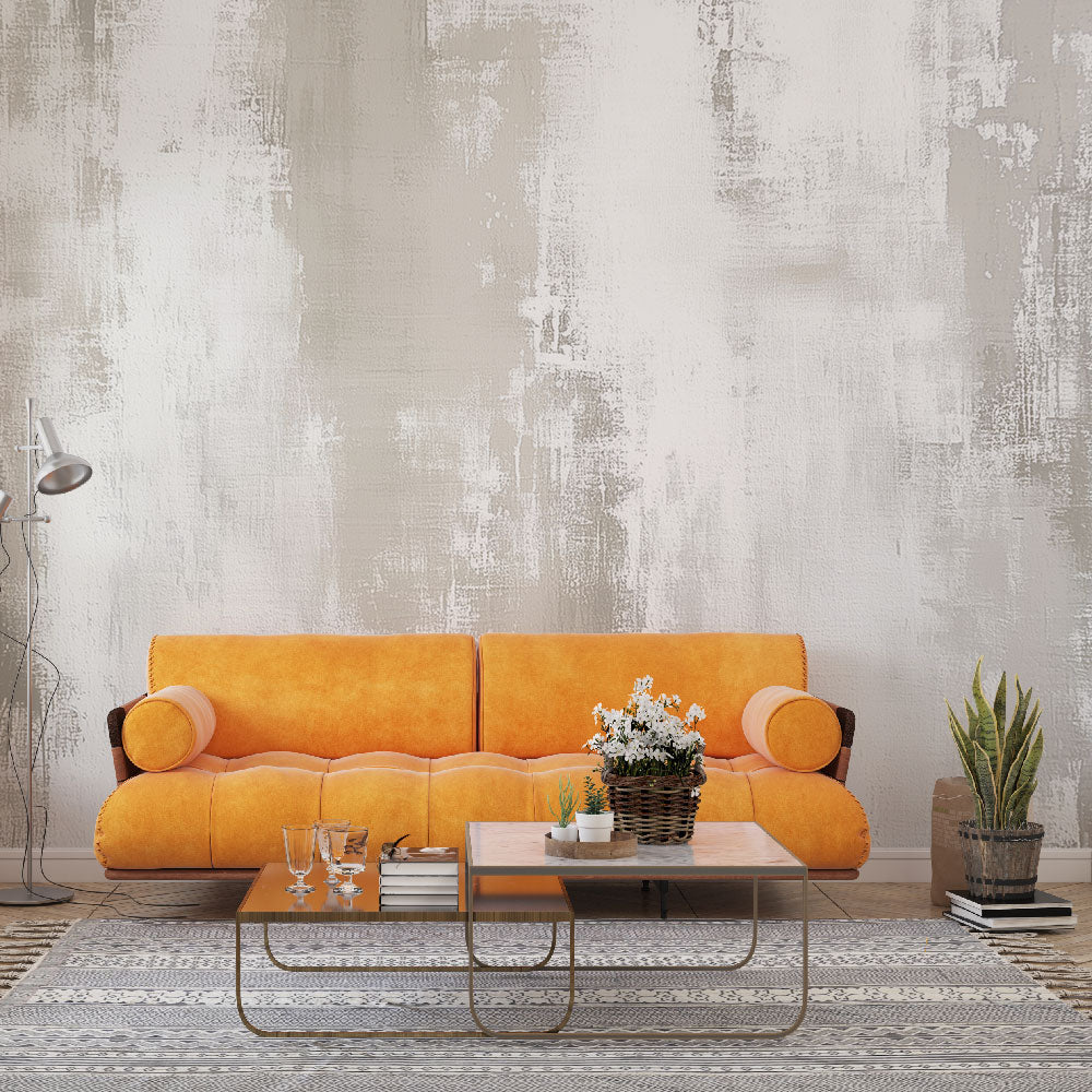 Modern abstract beige brushstroke wallpaper creating a serene atmosphere in a minimalist living room setting