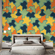 Modern abstract wallpaper pattern showcased in a bright, contemporary living room with minimalist furniture