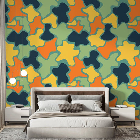 Modern abstract wallpaper pattern showcased in a bright, contemporary living room with minimalist furniture