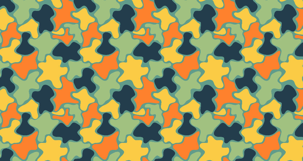 Abstract camouflage pattern design file showing fluid shapes and vibrant color composition