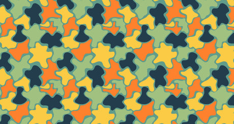 Abstract camouflage pattern design file showing fluid shapes and vibrant color composition