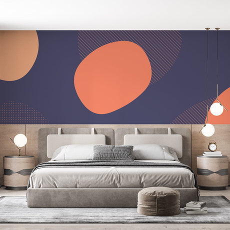 Modern abstract coral wallpaper in bright living room setting with grey sofa and natural light