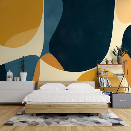 Modern abstract wallpaper with navy and gold curves creating depth in a minimalist living room setting
