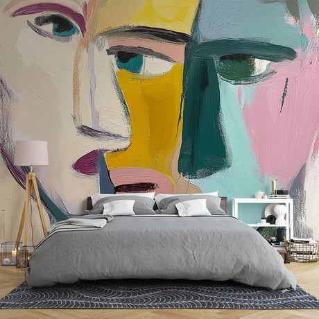 Modern abstract face art wallpaper creating a stunning focal point in a bright contemporary living room setting