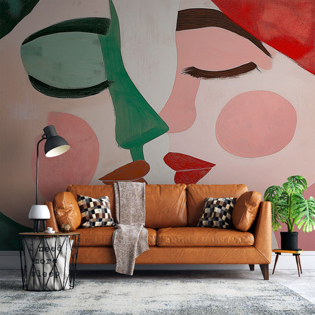 Modern abstract face wallpaper creating an artistic focal point in a minimalist living room with natural lighting