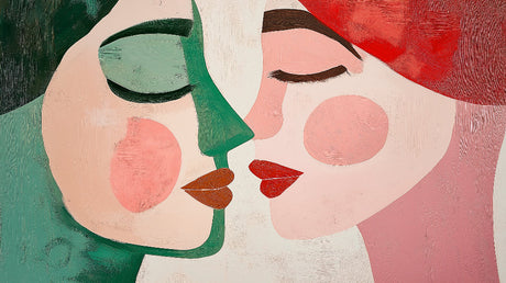 Abstract face art wallpaper design file showing emerald and blush tones with bold geometric elements