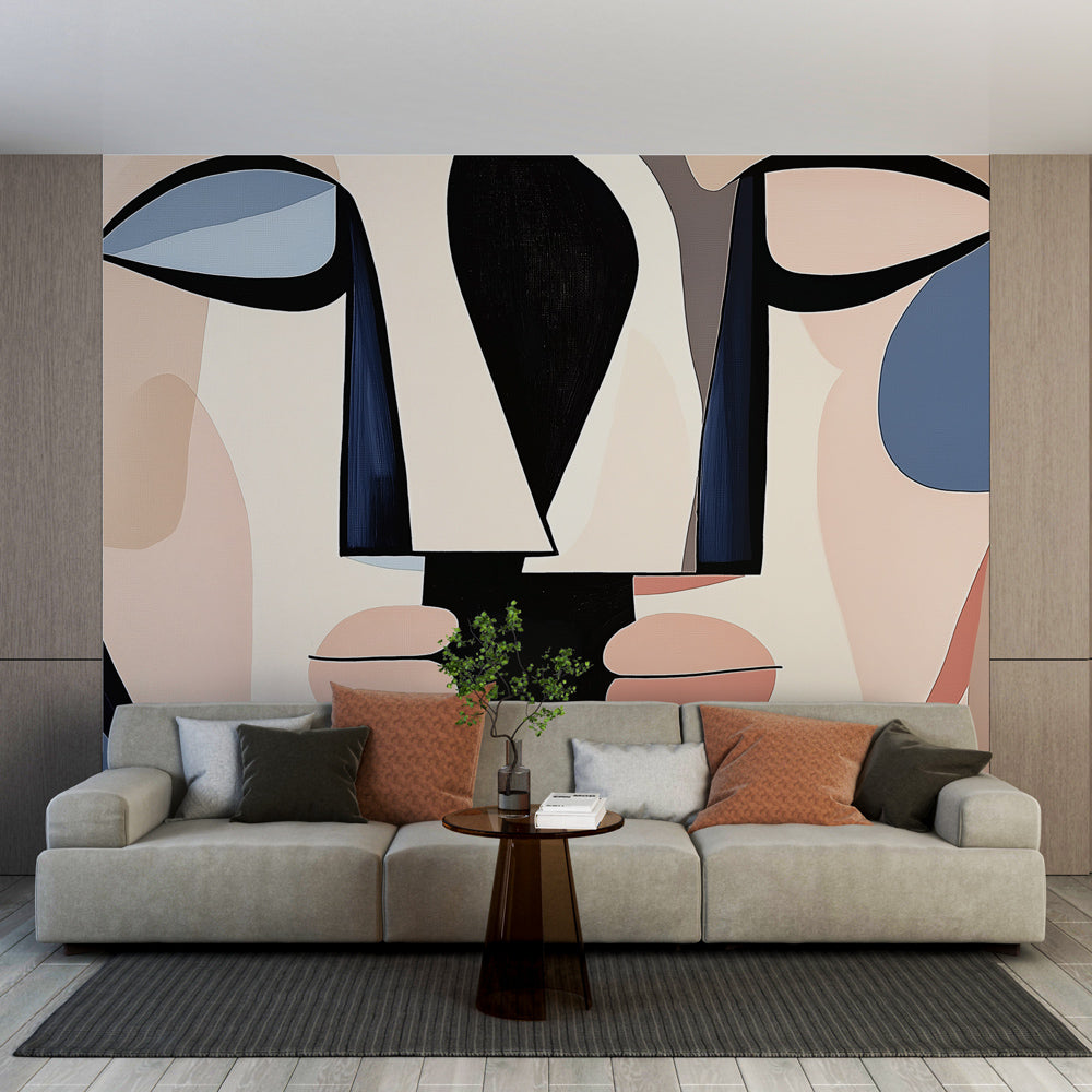 Modern abstract face wallpaper creating an artistic focal point in a minimal Scandinavian living room setting