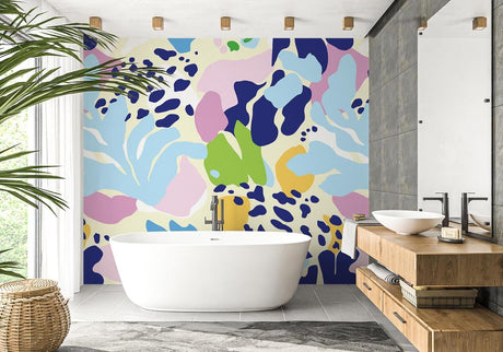 Modern abstract floral wallpaper in pink and blue tones creating a peaceful atmosphere in a bright living room