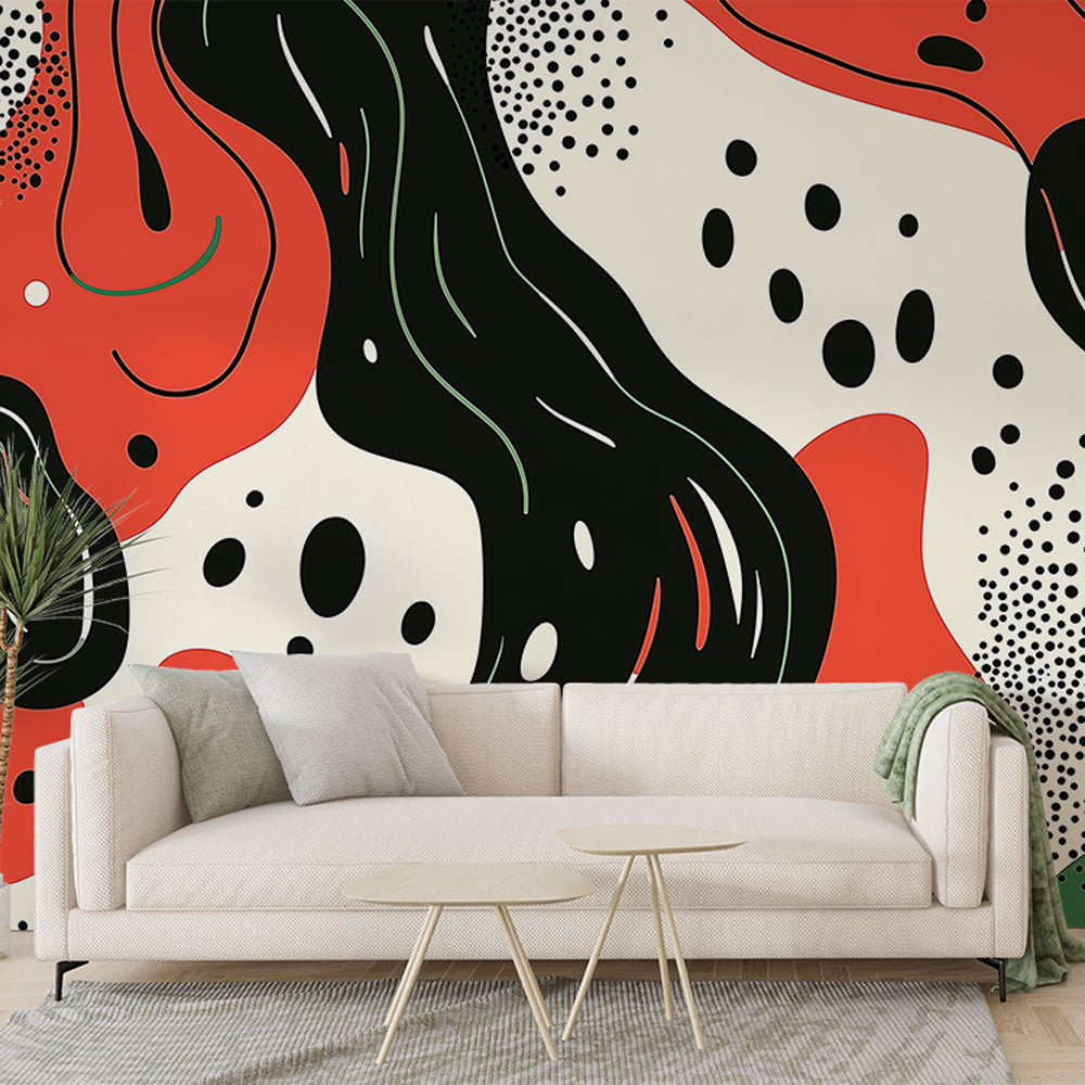 Modern abstract fluid art wallpaper in red and black creating dramatic impact in a minimalist living room setting
