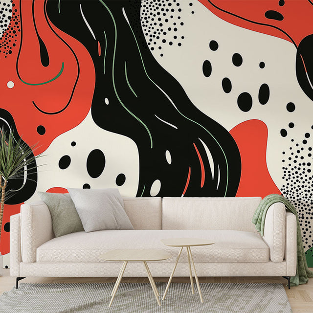Modern abstract fluid art wallpaper in red and black creating dramatic impact in a minimalist living room setting