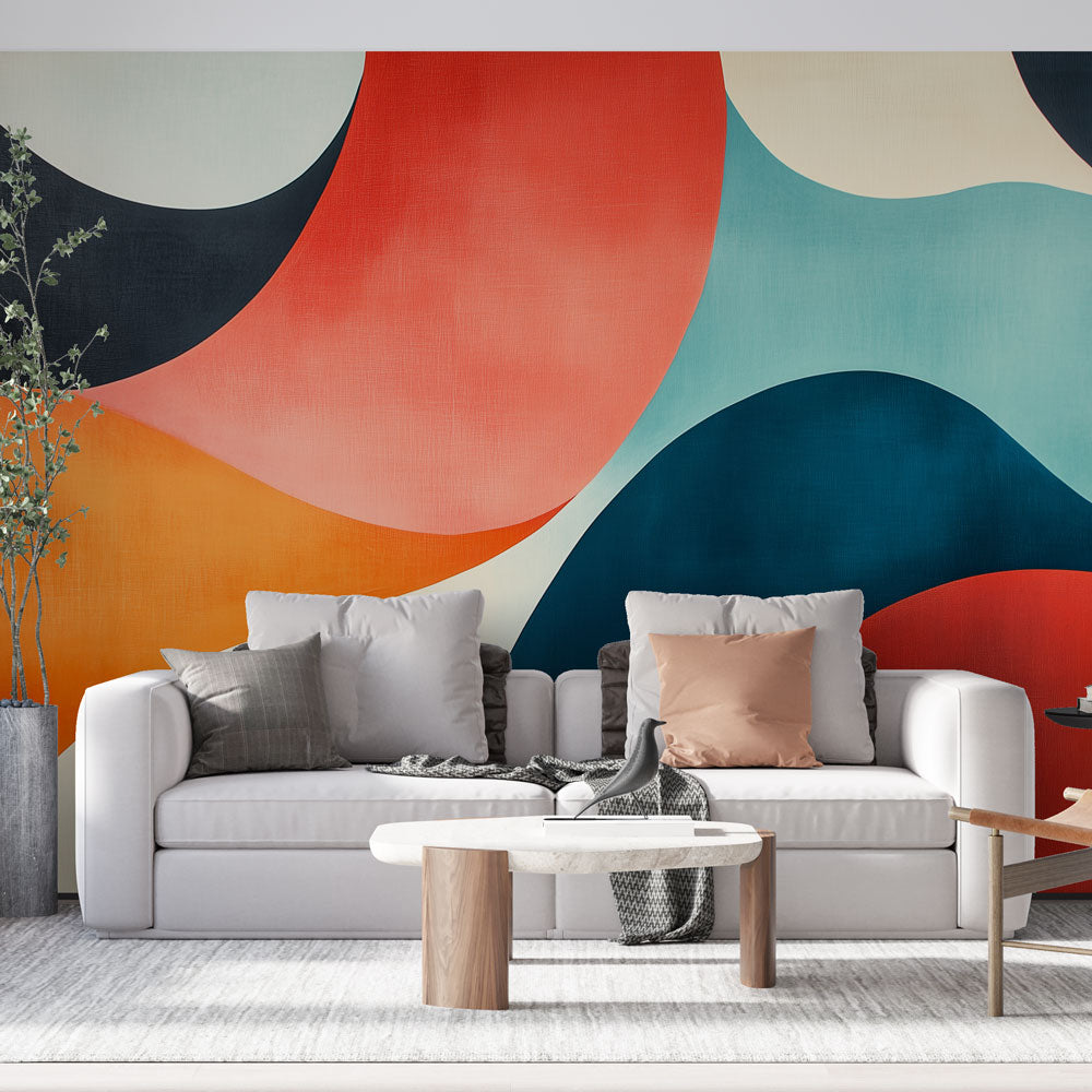 Modern abstract wallpaper with fluid curves bringing life to a minimalist living room with natural light