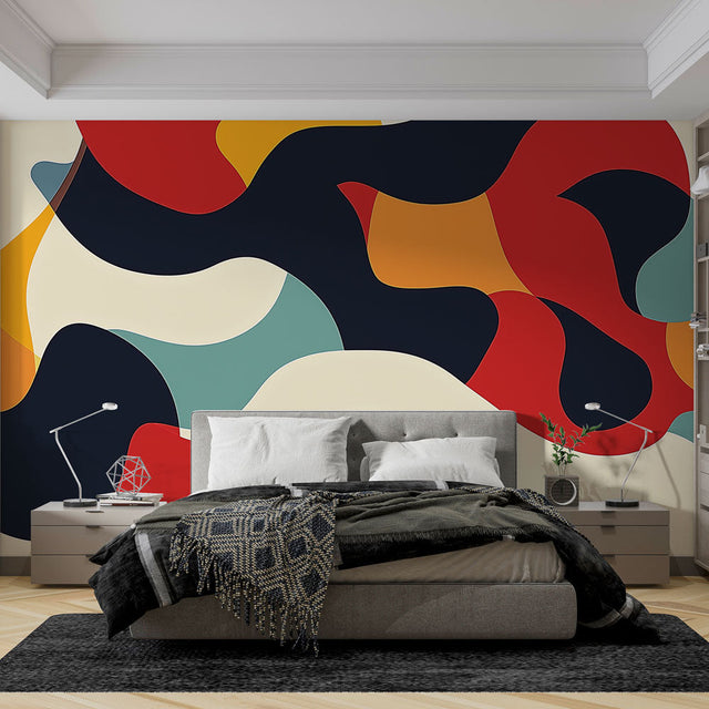 Modern abstract wallpaper mural bringing bold colors and movement to a minimalist living room space