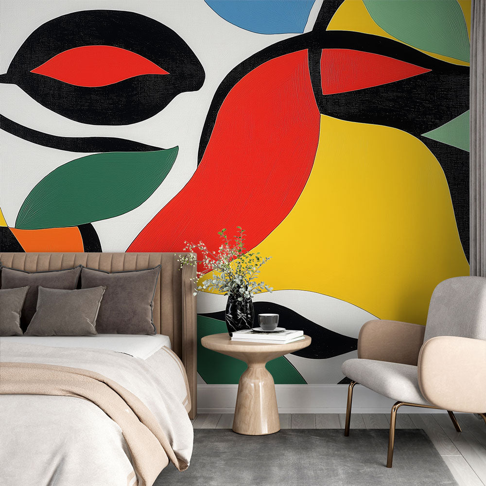 Modern abstract geometric wallpaper mural showcased in a bright, contemporary living room with minimalist furniture
