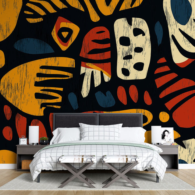 Modern geometric art wallpaper with terracotta and gold tones creating a bold statement wall in a minimal living room setting