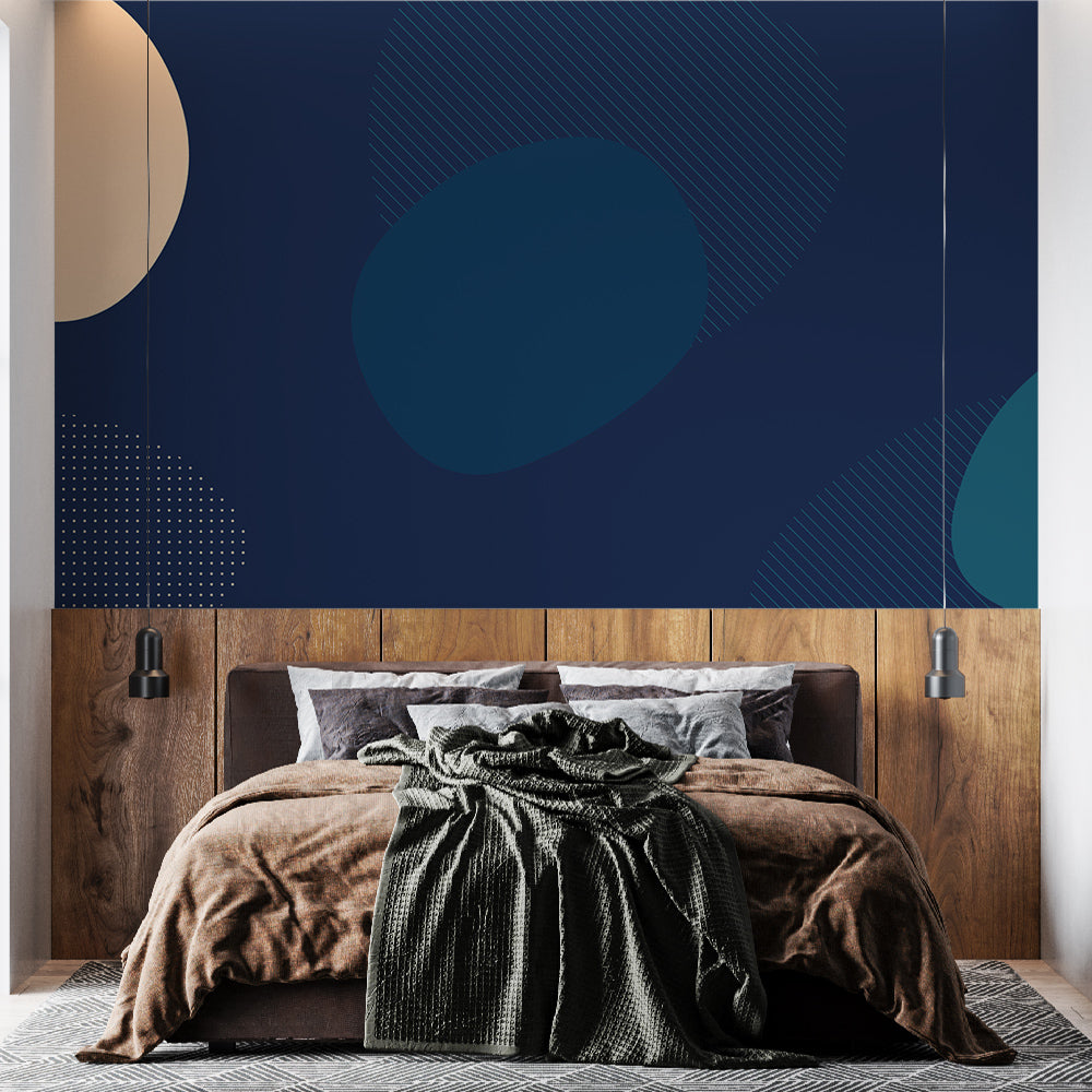 Modern geometric blue wallpaper creating a stunning focal point in a minimalist home office with clean lines and natural light