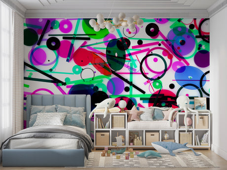 Modern geometric wallpaper with circles and lines creating a bold statement in a minimalist living room