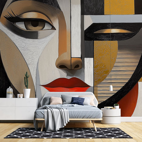 Modern geometric face wallpaper creating a bold statement wall in a minimalist living room with clean lines and contemporary furniture