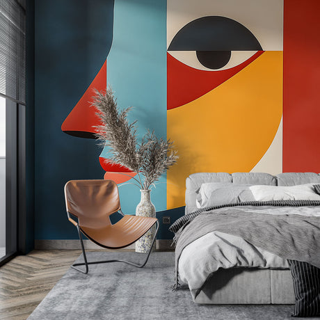 Modern abstract face wallpaper in a bright living room, showcasing geometric shapes and bold colors against white furniture