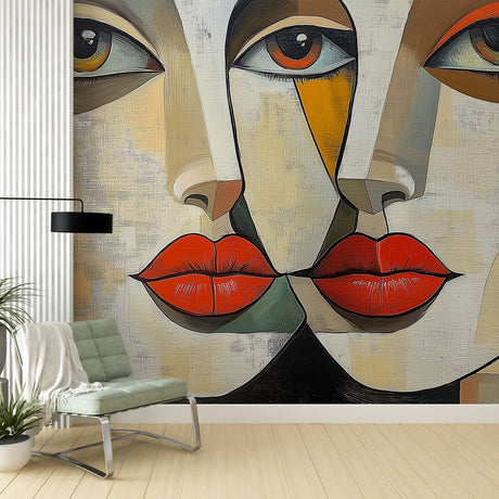 Modern geometric face art wallpaper creating a bold statement wall in a minimalist living room with natural lighting