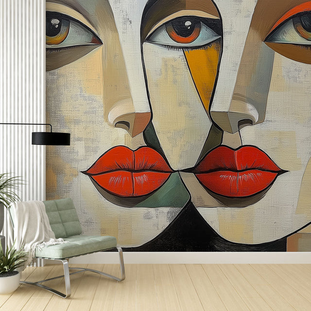 Modern geometric face art wallpaper creating a bold statement wall in a minimalist living room with natural lighting