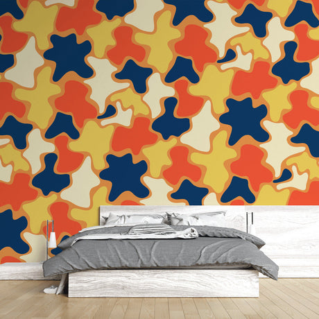 Modern geometric pop art wallpaper creating a bold statement in a minimalist living room with clean lines and contemporary furniture