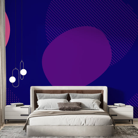 Modern purple geometric wallpaper creating a stunning focal point in a minimalist living room with contemporary furniture