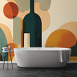 Modern abstract geometric wallpaper with terracotta and green tones styled in a bright contemporary living room setting