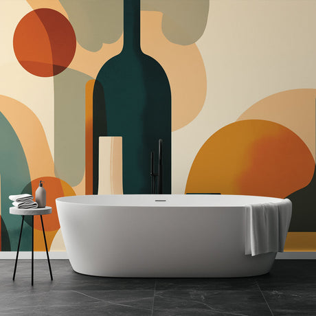 Modern abstract geometric wallpaper with terracotta and green tones styled in a bright contemporary living room setting