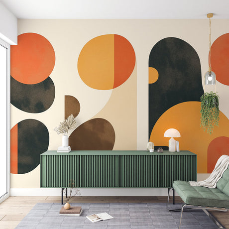 Modern geometric wallpaper with terracotta shapes creating a bold statement in a minimalist living room setting