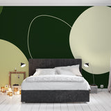 Modern green circle wallpaper in a bright minimal living room, creating a fresh and contemporary atmosphere