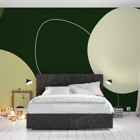 Modern green circle wallpaper in a bright minimal living room, creating a fresh and contemporary atmosphere
