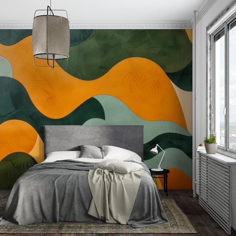 Modern abstract wave wallpaper bringing vibrant energy to a minimalist living room setting