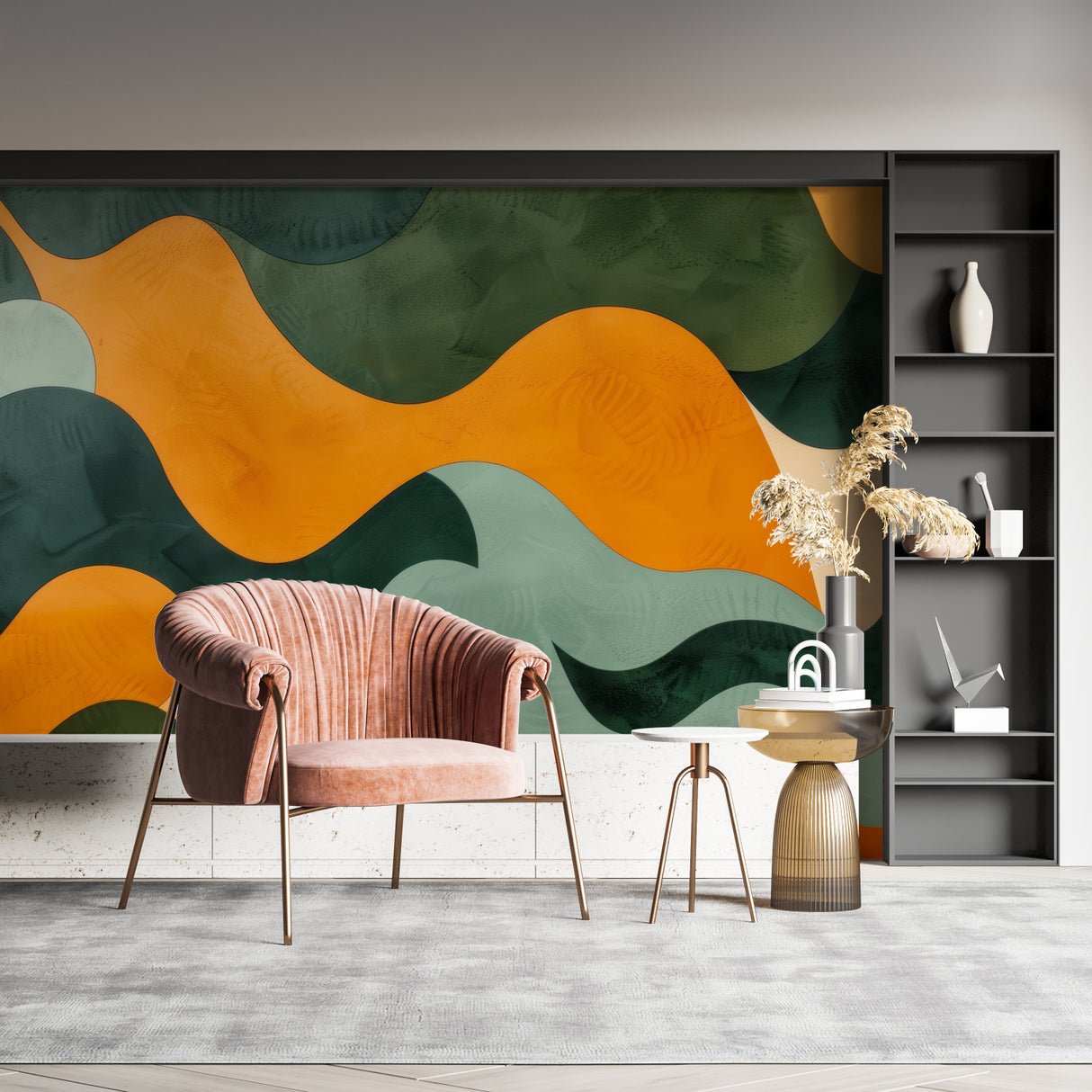 Green and orange wave mural creating drama in a contemporary office space