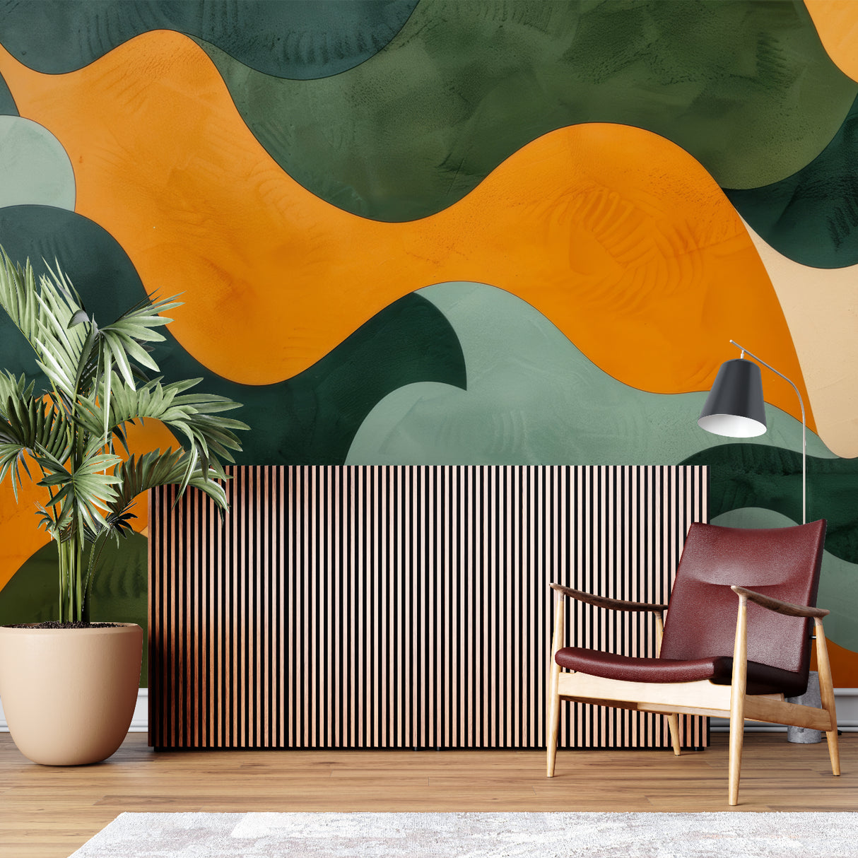 Dynamic wave wallpaper making a statement in an art gallery-style bedroom