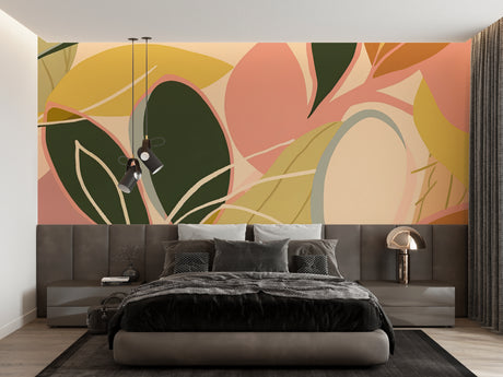 Modern abstract leaf wallpaper creating a fresh focal point in a bright living room with contemporary furniture