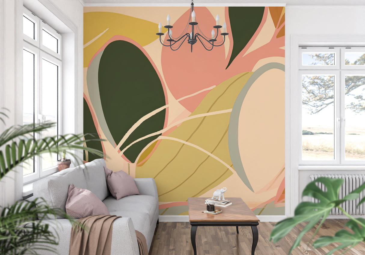 Green and pink leaf mural wallpaper adding life to a minimal dining room space