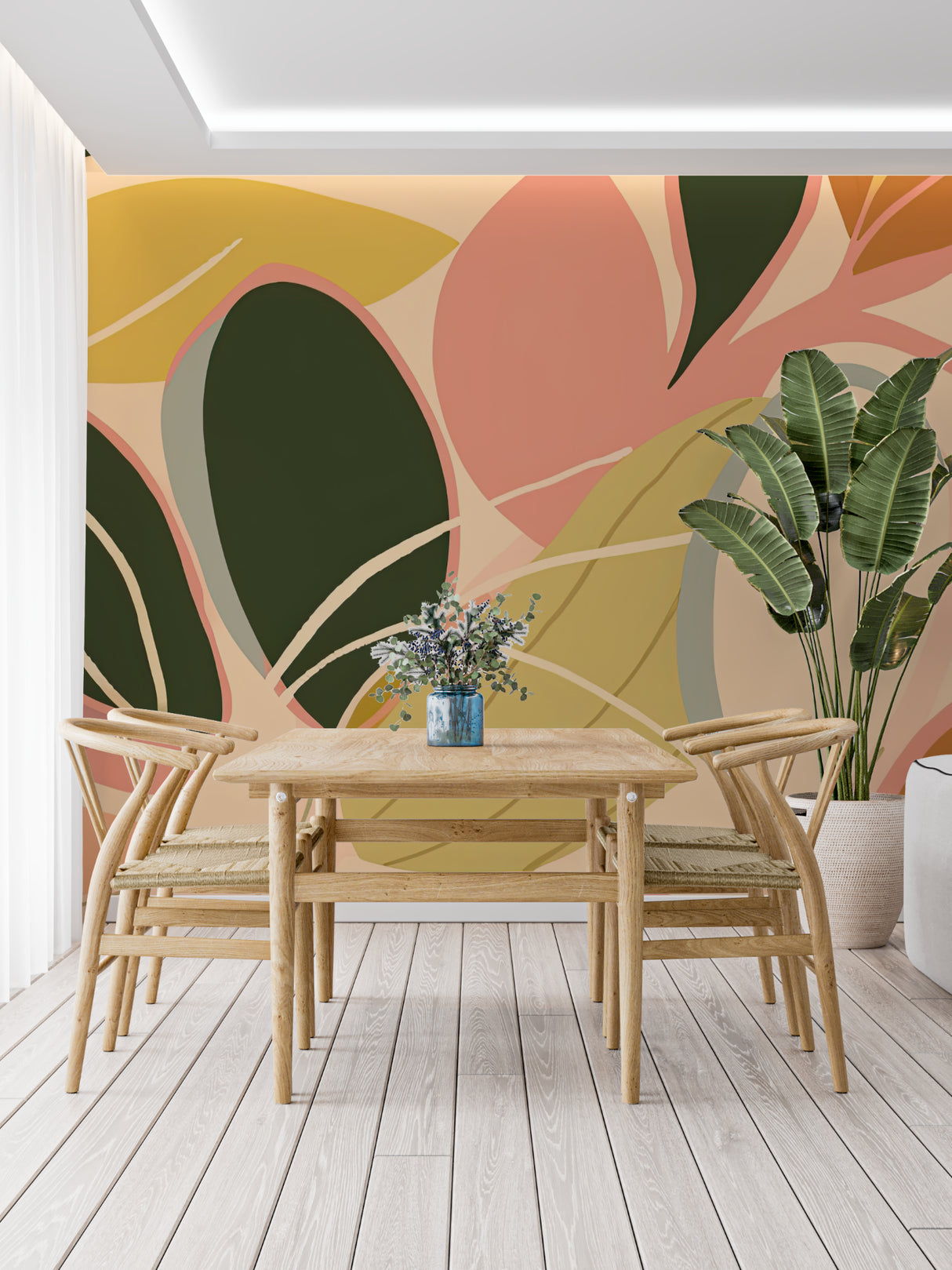 Abstract botanical wallpaper bringing nature into a modern home office setting