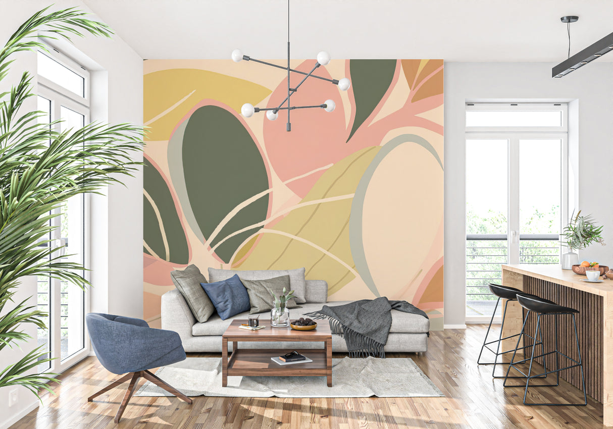 Modern leaf pattern wallpaper transforming a bedroom with its fresh green and pink design