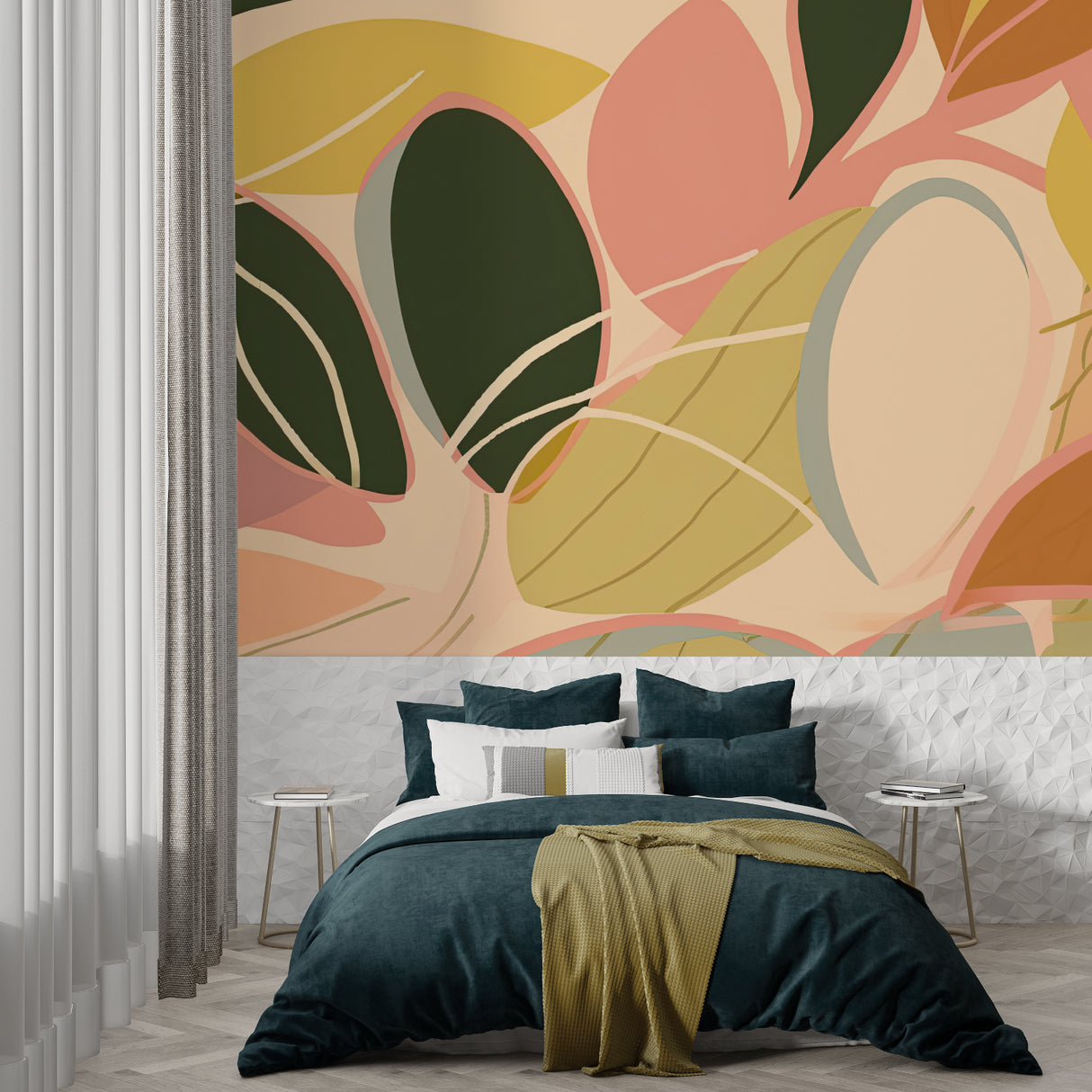 Contemporary abstract wall mural creating depth in a stylish entrance hallway