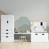 Contemporary home office featuring green abstract wall mural creating a focused workspace