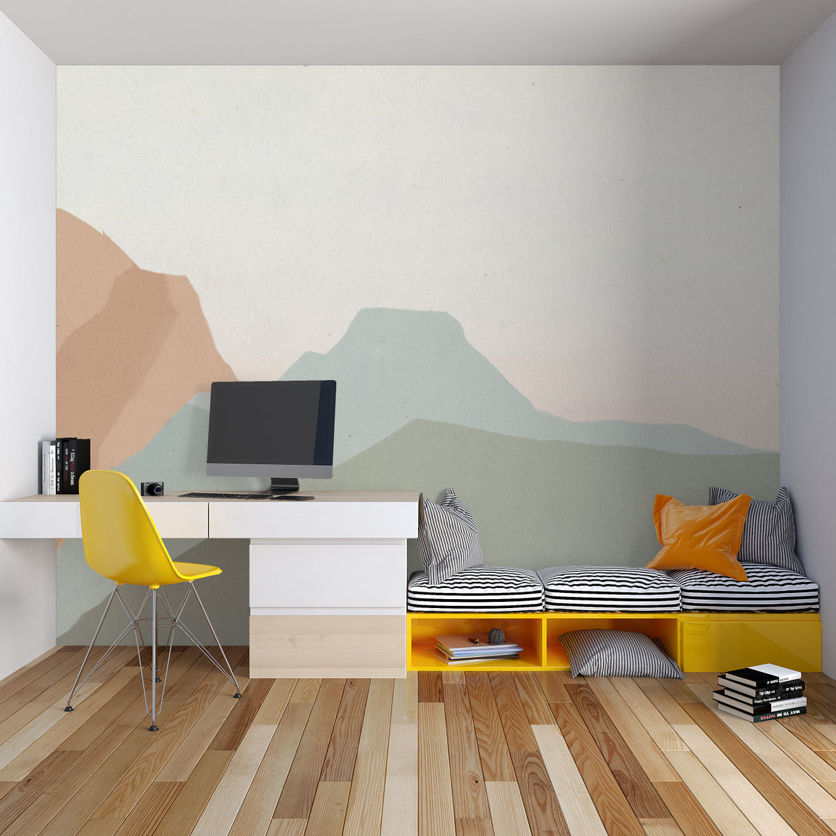 Green abstract pattern mural in a modern bedroom with natural light