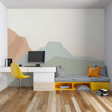 Green abstract pattern mural in a modern bedroom with natural light