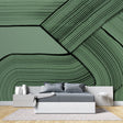 Modern green geometric wallpaper in a bright living room creating a fresh contemporary atmosphere